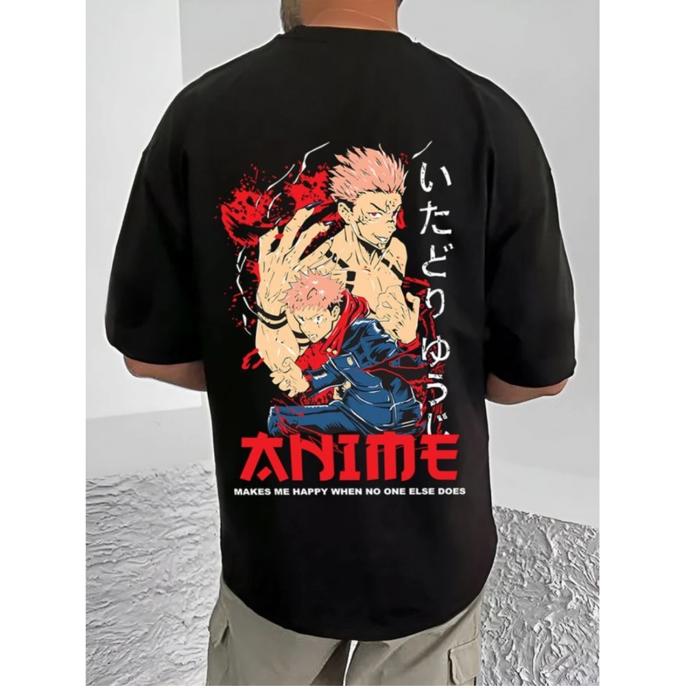 men's casual cotton blend printed round neck half sleeve t shirt (black)