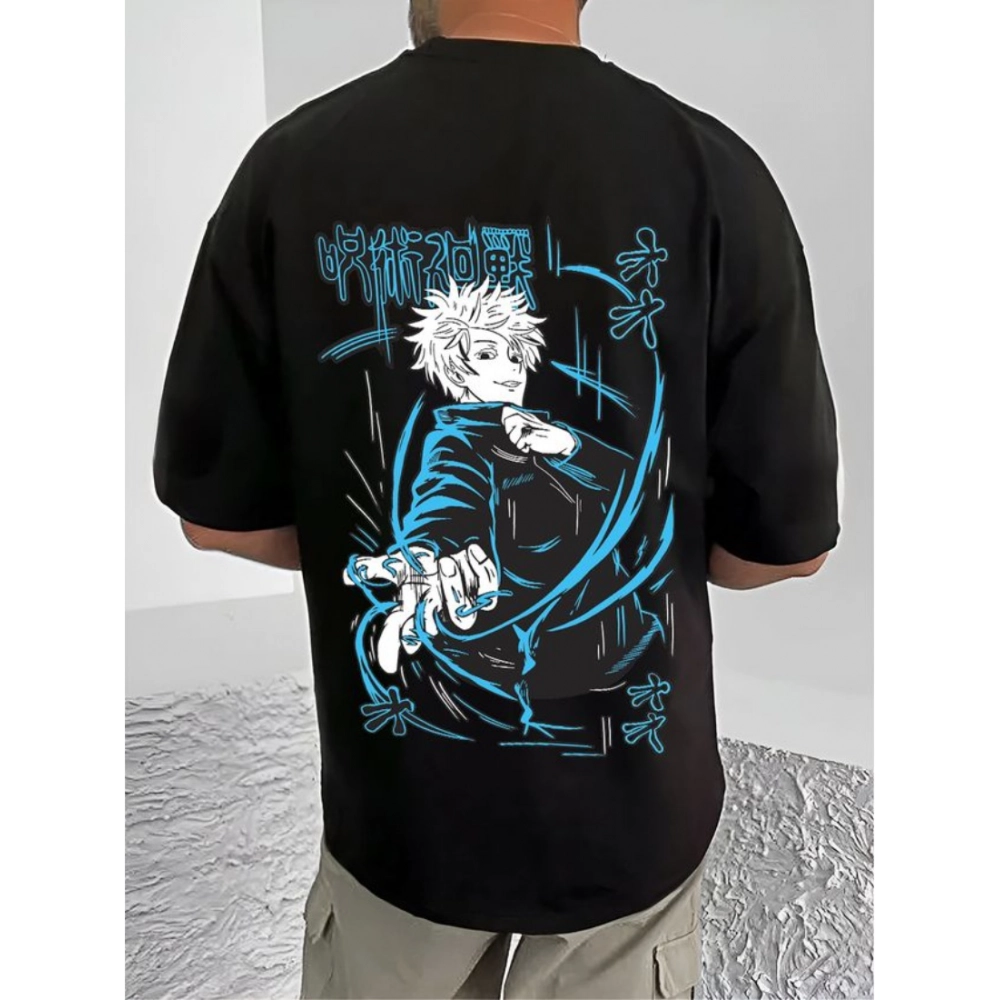 men's casual cotton blend printed round neck half sleeve t shirt (black)