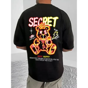 men's casual cotton blend printed round neck half sleeve t shirt (black)