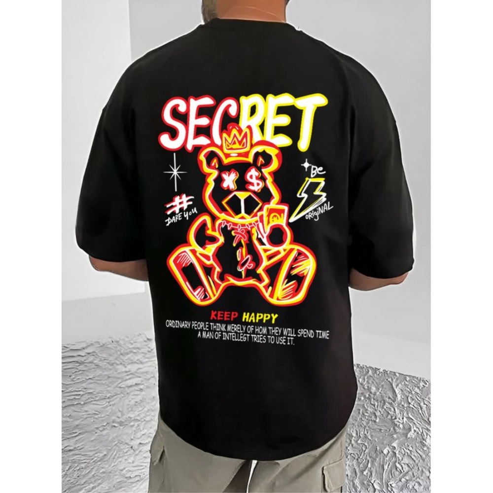 men's casual cotton blend printed round neck half sleeve t shirt (black)