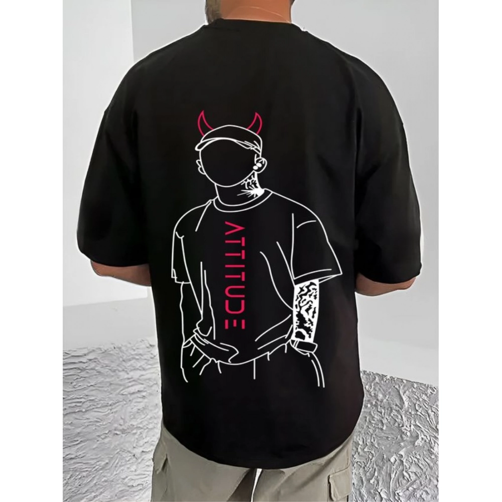 men's casual cotton blend printed round neck half sleeve t shirt (black)