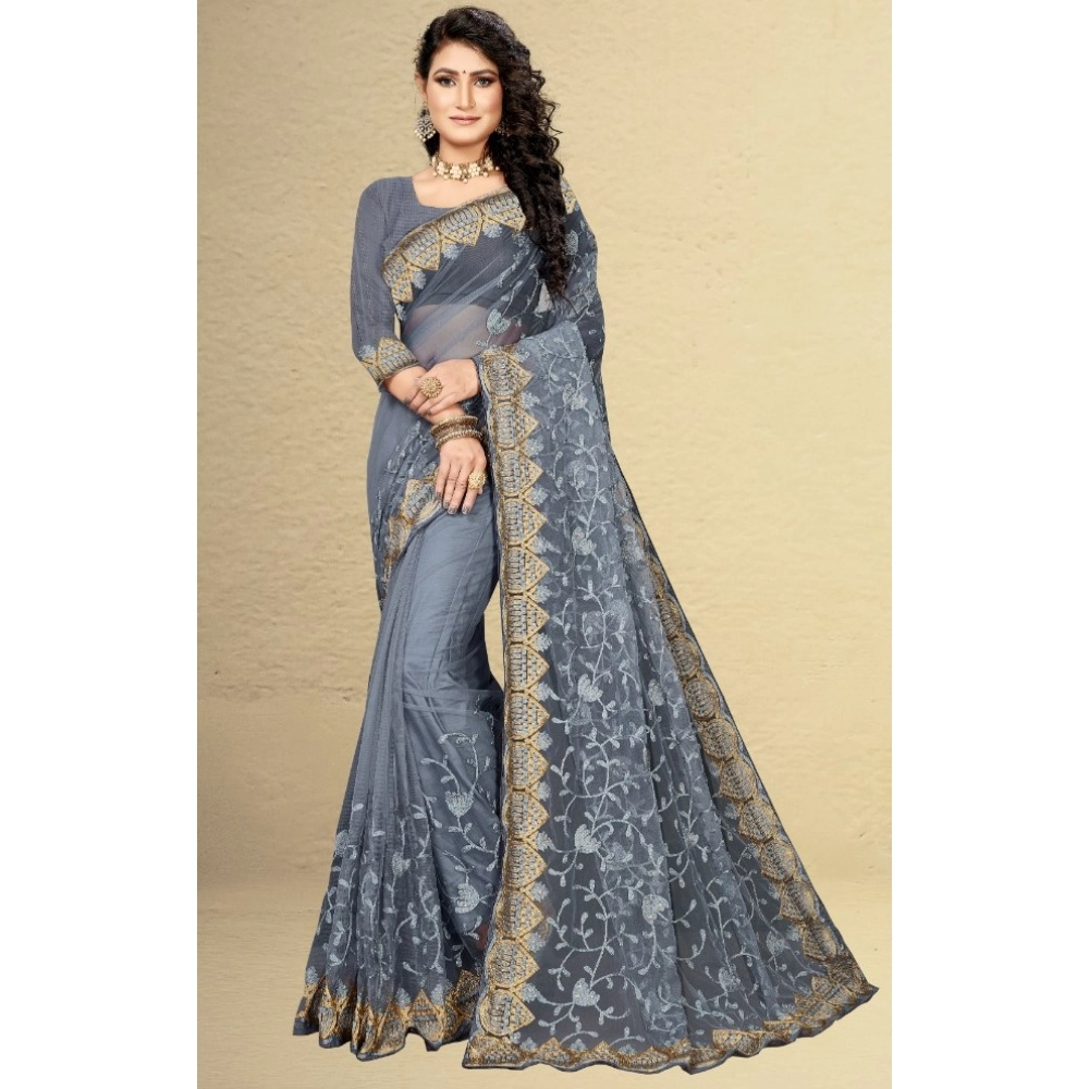 generic women's net saree with blouse (grey, 5 6mtrs) generic women's net saree with blouse (grey, 5 6mtrs)
