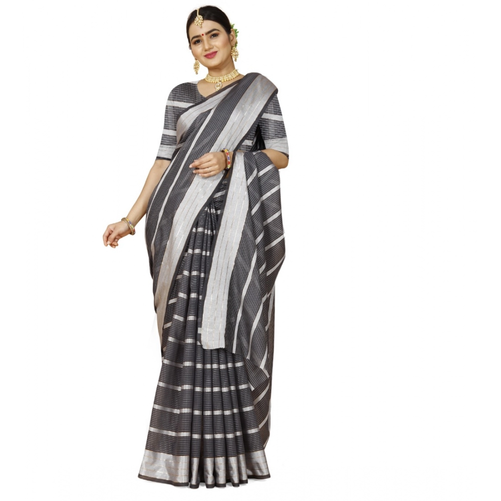 generic women's cotton silk striped saree with unstitched blouse 5.5mtr (grey) generic women's cotton silk striped saree with unstitched blouse 5.5mtr (grey)
