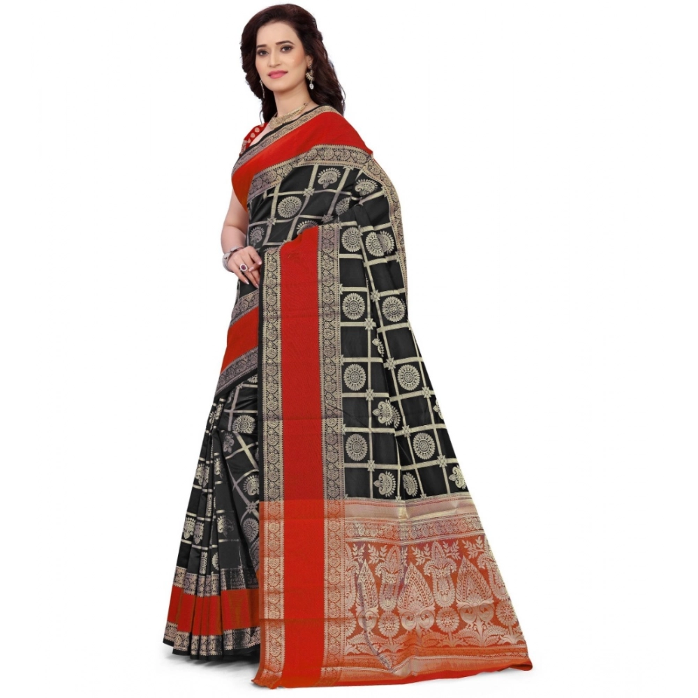 generic women's jacquard woven saree with unstitched blouse 5.5mtr (red black) generic women's jacquard woven saree with unstitched blouse 5.5mtr (red black)
