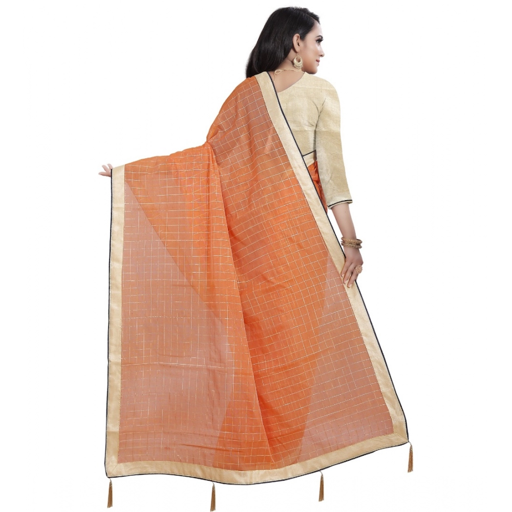 generic women's cotton silk checkered saree with unstitched blouse 5.5mtr (orange) generic women's cotton silk checkered saree with unstitched blouse 5.5mtr (orange)