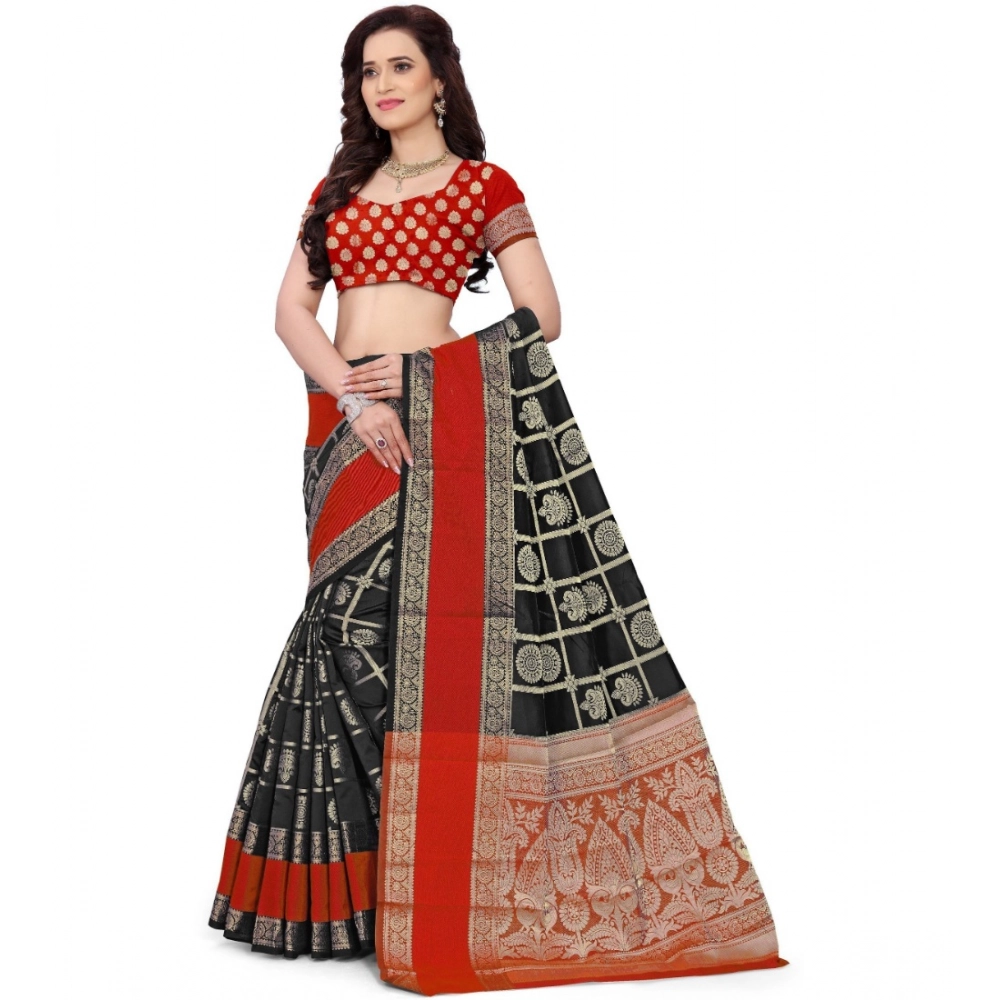 generic women's jacquard woven saree with unstitched blouse 5.5mtr (red black) generic women's jacquard woven saree with unstitched blouse 5.5mtr (red black)