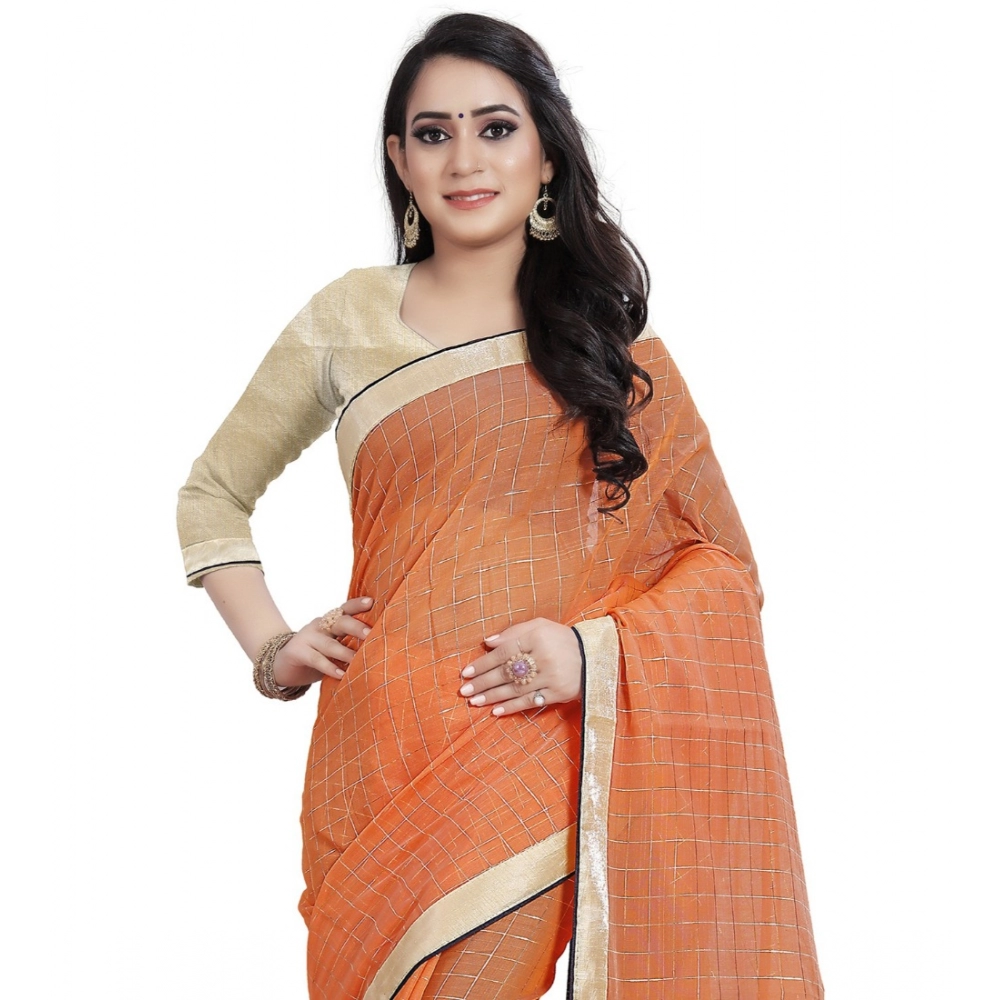 generic women's cotton silk checkered saree with unstitched blouse 5.5mtr (orange) generic women's cotton silk checkered saree with unstitched blouse 5.5mtr (orange)