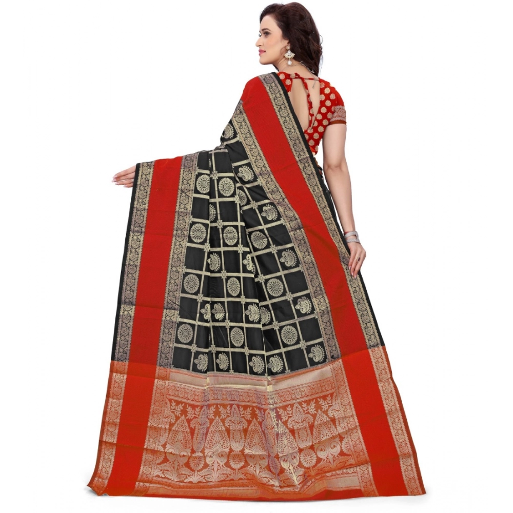 generic women's jacquard woven saree with unstitched blouse 5.5mtr (red black) generic women's jacquard woven saree with unstitched blouse 5.5mtr (red black)