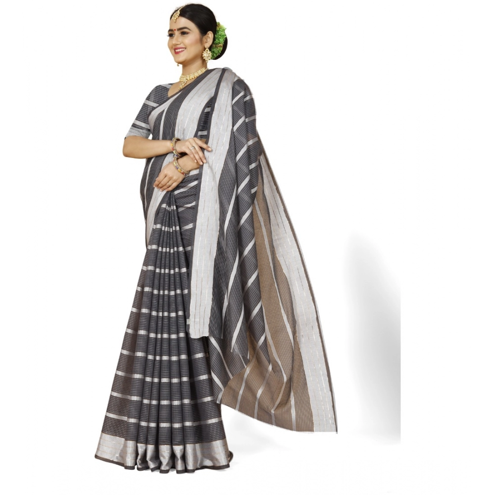 generic women's cotton silk striped saree with unstitched blouse 5.5mtr (grey) generic women's cotton silk striped saree with unstitched blouse 5.5mtr (grey)