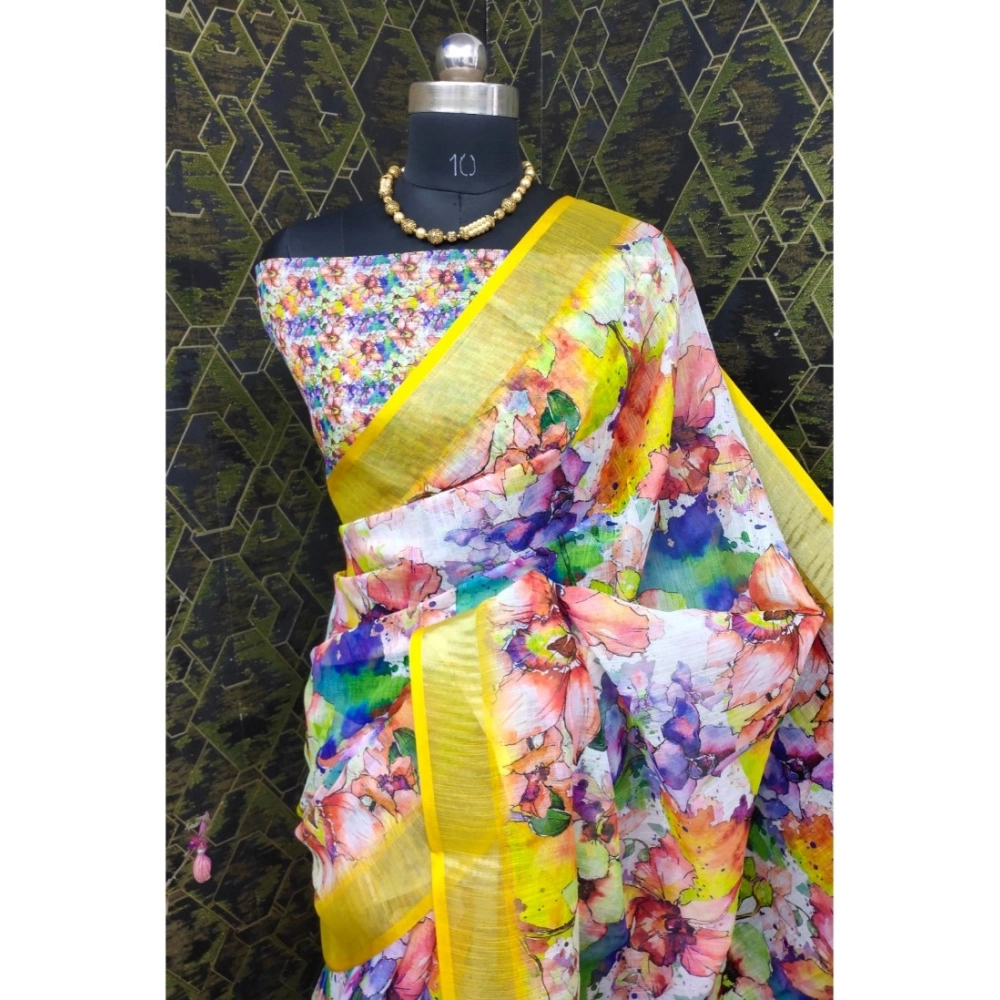 generic women's cotton linen printed saree with unstitched blouse 5.5mtr (yellow) generic women's cotton linen printed saree with unstitched blouse 5.5mtr (yellow)