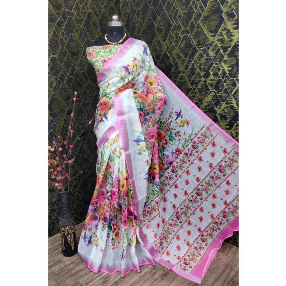 generic women's cotton linen printed saree with unstitched blouse 5.5mtr (pink) generic women's cotton linen printed saree with unstitched blouse 5.5mtr (pink)