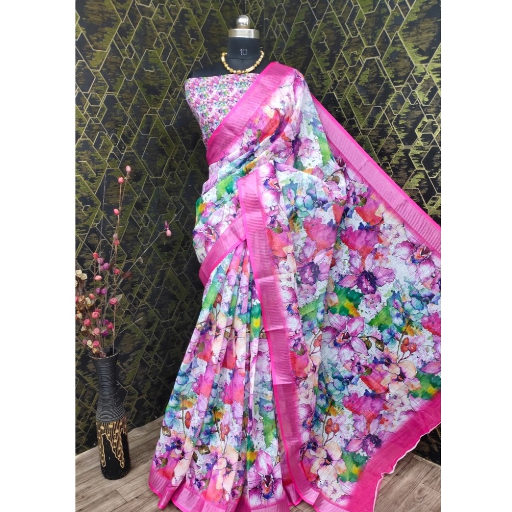 generic women's cotton linen printed saree with unstitched blouse 5.5mtr (pink) generic women's cotton linen printed saree with unstitched blouse 5.5mtr (pink)