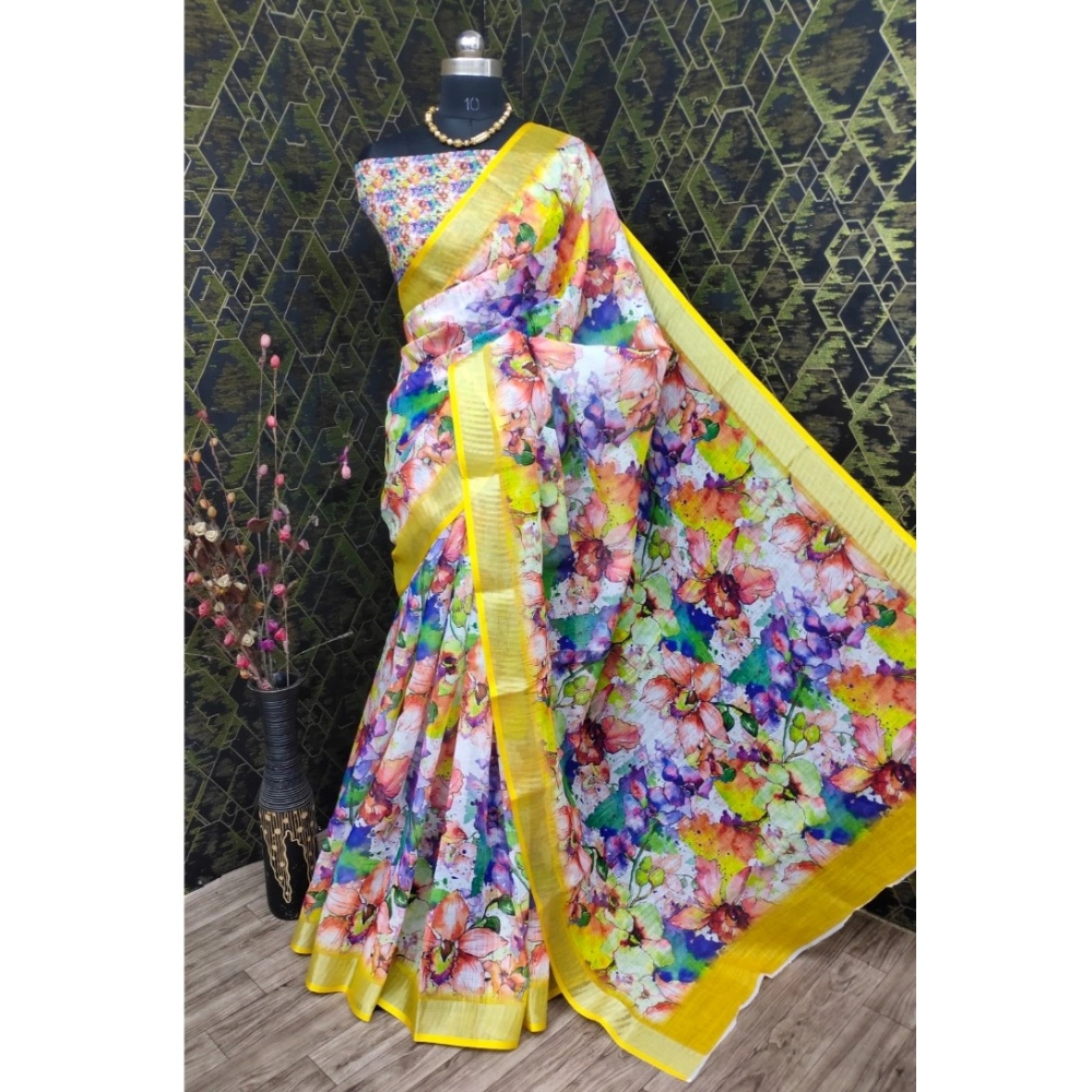 generic women's cotton linen printed saree with unstitched blouse 5.5mtr (yellow) generic women's cotton linen printed saree with unstitched blouse 5.5mtr (yellow)