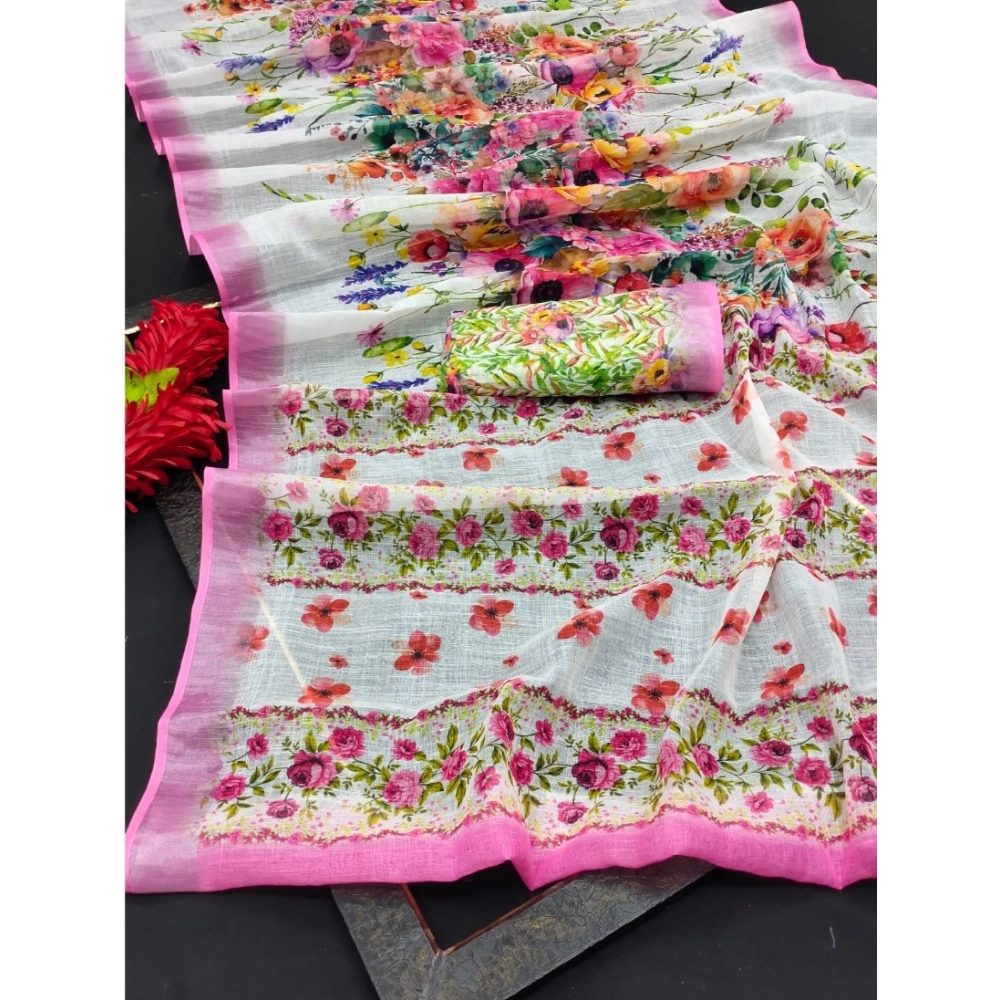 generic women's cotton linen printed saree with unstitched blouse 5.5mtr (pink) generic women's cotton linen printed saree with unstitched blouse 5.5mtr (pink)