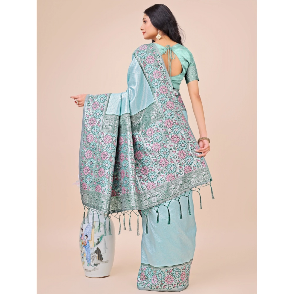 generic women's lichi silk printed saree with unstitched blouse 5.5mtr (teal) generic women's lichi silk printed saree with unstitched blouse 5.5mtr (teal)