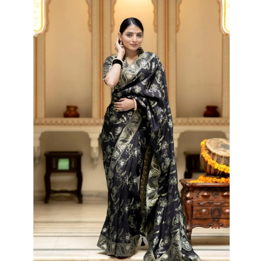 generic women's silk printed saree with unstitched blouse 5.5mtr (black) generic women's silk printed saree with unstitched blouse 5.5mtr (black)