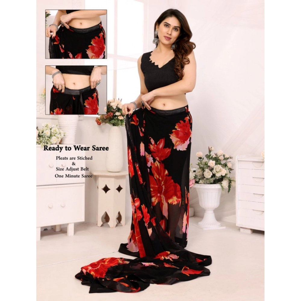 generic women's small lace georgette printed ready to wear saree with unstitched blouse 5.5 mtr (black red) generic women's small lace georgette printed ready to wear saree with unstitched blouse 5.5 mtr (black red)