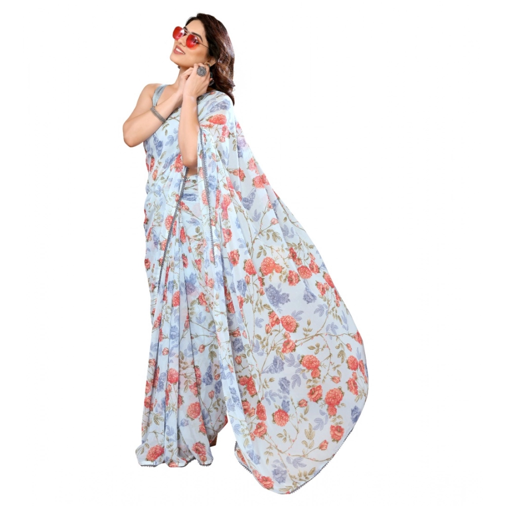 generic women's small lace georgette printed ready to wear saree with unstitched blouse 5.5 mtr (sky blue) generic women's small lace georgette printed ready to wear saree with unstitched blouse 5.5 mtr (sky blue)