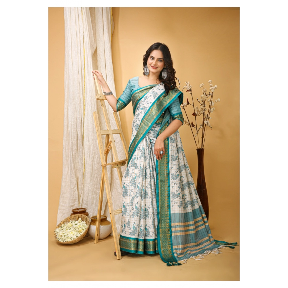 generic women's soft cotton silk printed saree with unstitched blouse 5.5mtr (turquoise) generic women's soft cotton silk printed saree with unstitched blouse 5.5mtr (turquoise)