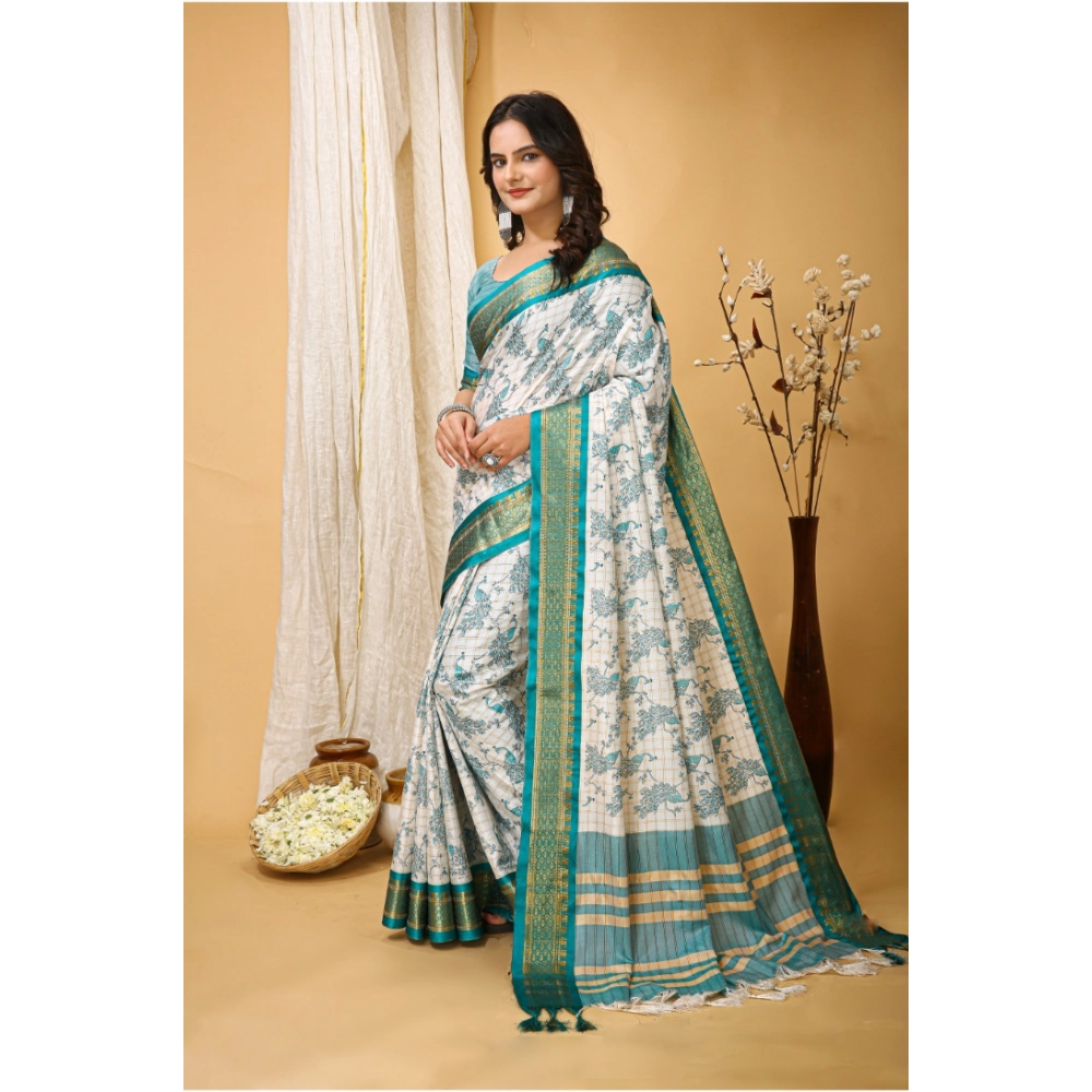 generic women's soft cotton silk printed saree with unstitched blouse 5.5mtr (turquoise) generic women's soft cotton silk printed saree with unstitched blouse 5.5mtr (turquoise)