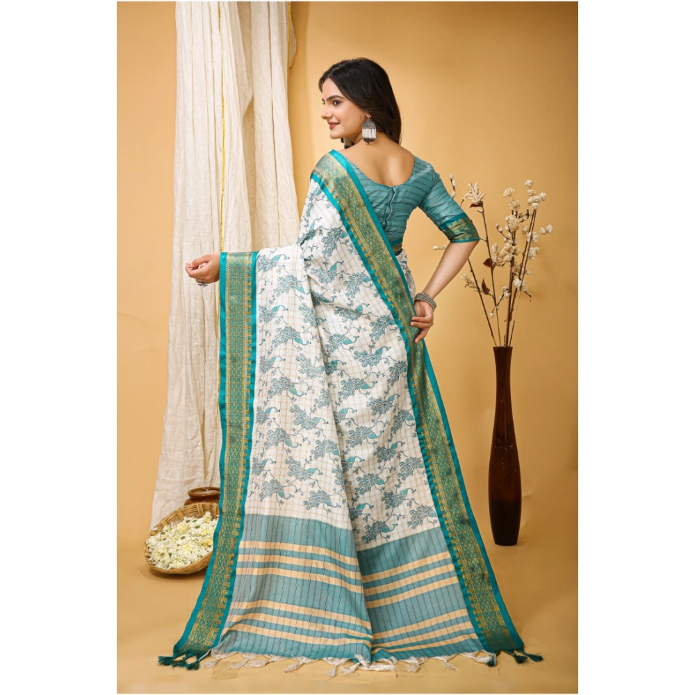 generic women's soft cotton silk printed saree with unstitched blouse 5.5mtr (turquoise) generic women's soft cotton silk printed saree with unstitched blouse 5.5mtr (turquoise)