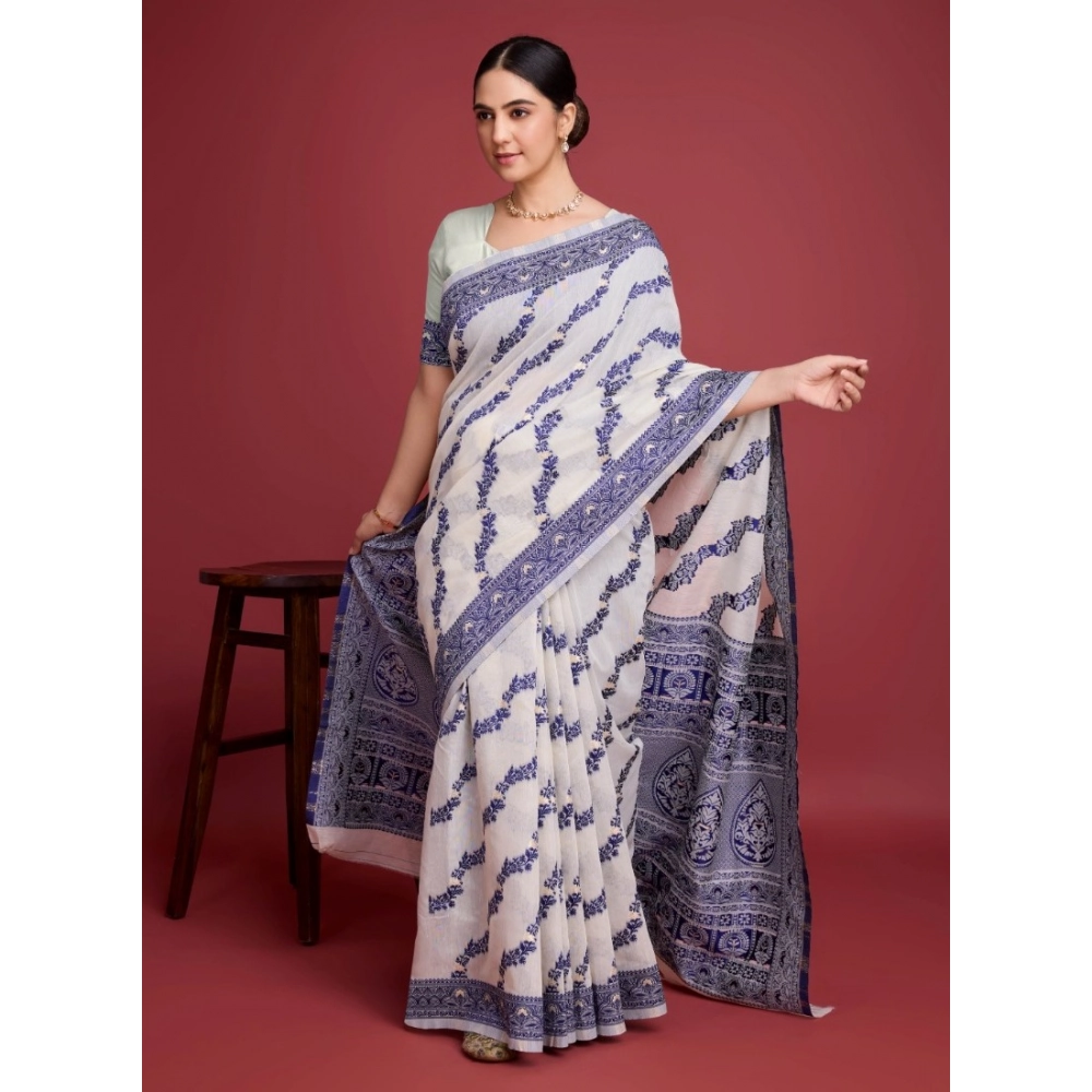 generic women's jamdani cotton silk printed saree with unstitched blouse 5.5mtr (navy blue) generic women's jamdani cotton silk printed saree with unstitched blouse 5.5mtr (navy blue)