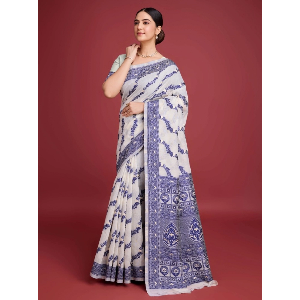 generic women's jamdani cotton silk printed saree with unstitched blouse 5.5mtr (navy blue) generic women's jamdani cotton silk printed saree with unstitched blouse 5.5mtr (navy blue)