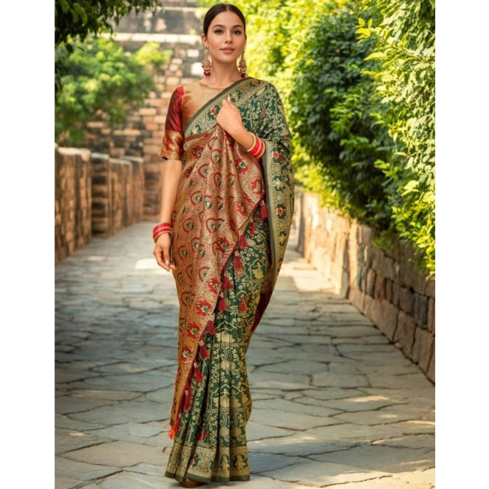 generic women's silk blend woven paithani saree with unstitched blouse 5.5mtr (green) generic women's silk blend woven paithani saree with unstitched blouse 5.5mtr (green)