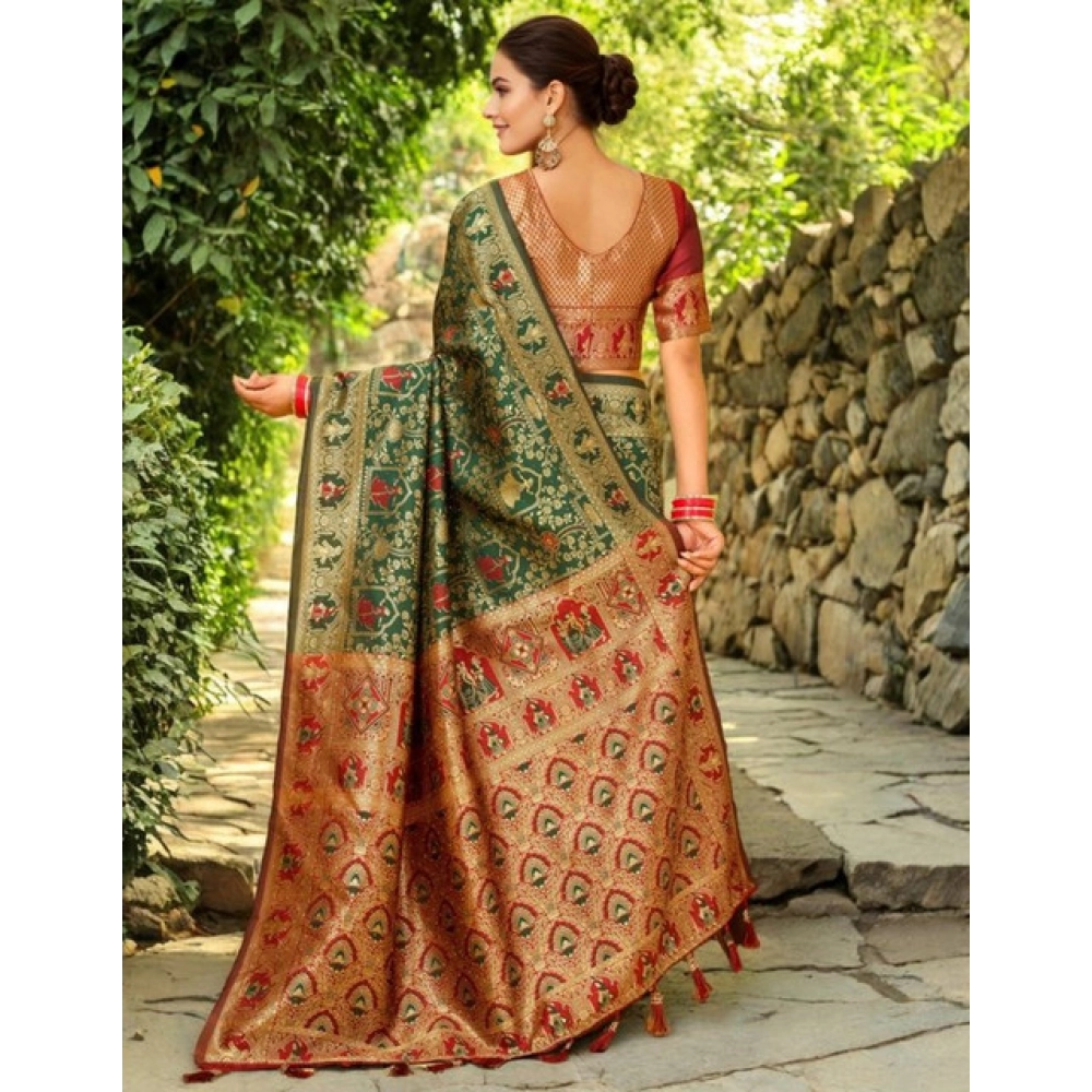 generic women's silk blend woven paithani saree with unstitched blouse 5.5mtr (green) generic women's silk blend woven paithani saree with unstitched blouse 5.5mtr (green)