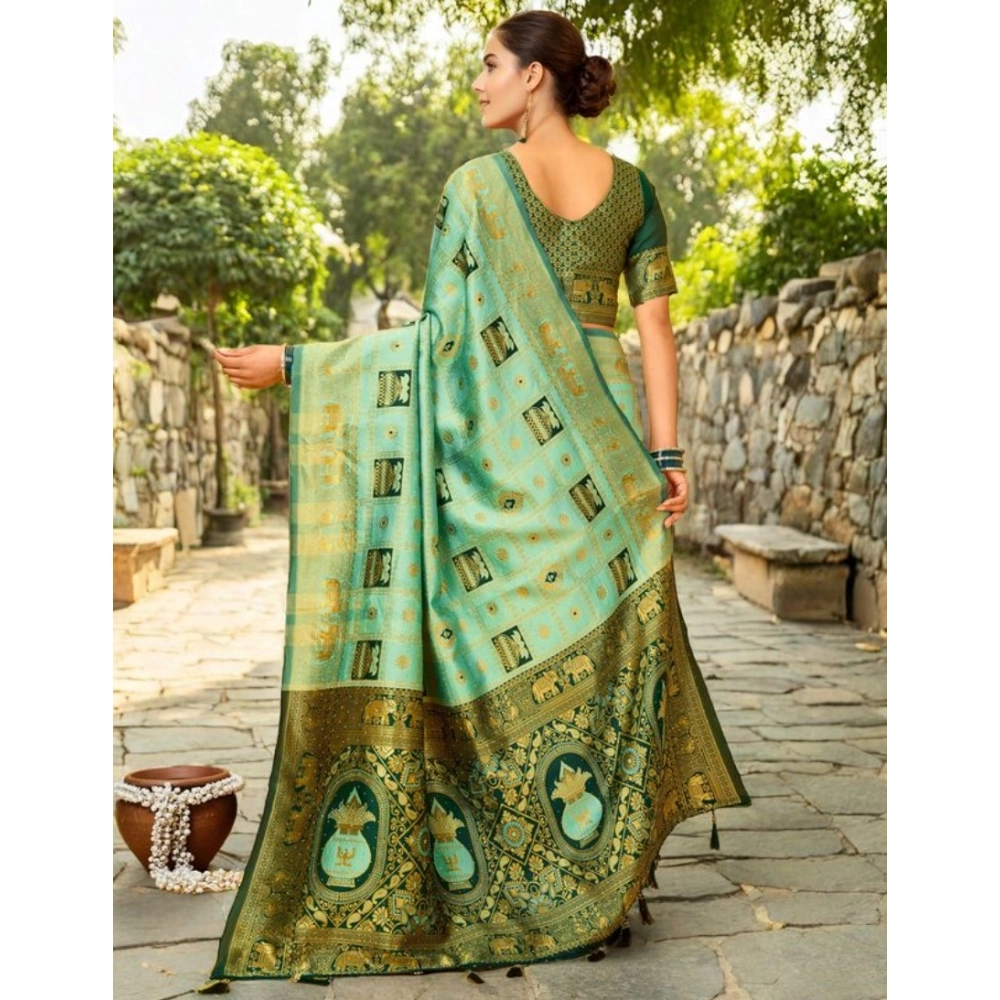generic women's silk blend woven zari work saree with unstitched blouse 5.5mtr (mint green) generic women's silk blend woven zari work saree with unstitched blouse 5.5mtr (mint green)
