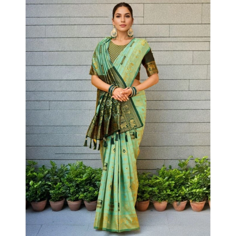 generic women's silk blend woven zari work saree with unstitched blouse 5.5mtr (mint green) generic women's silk blend woven zari work saree with unstitched blouse 5.5mtr (mint green)