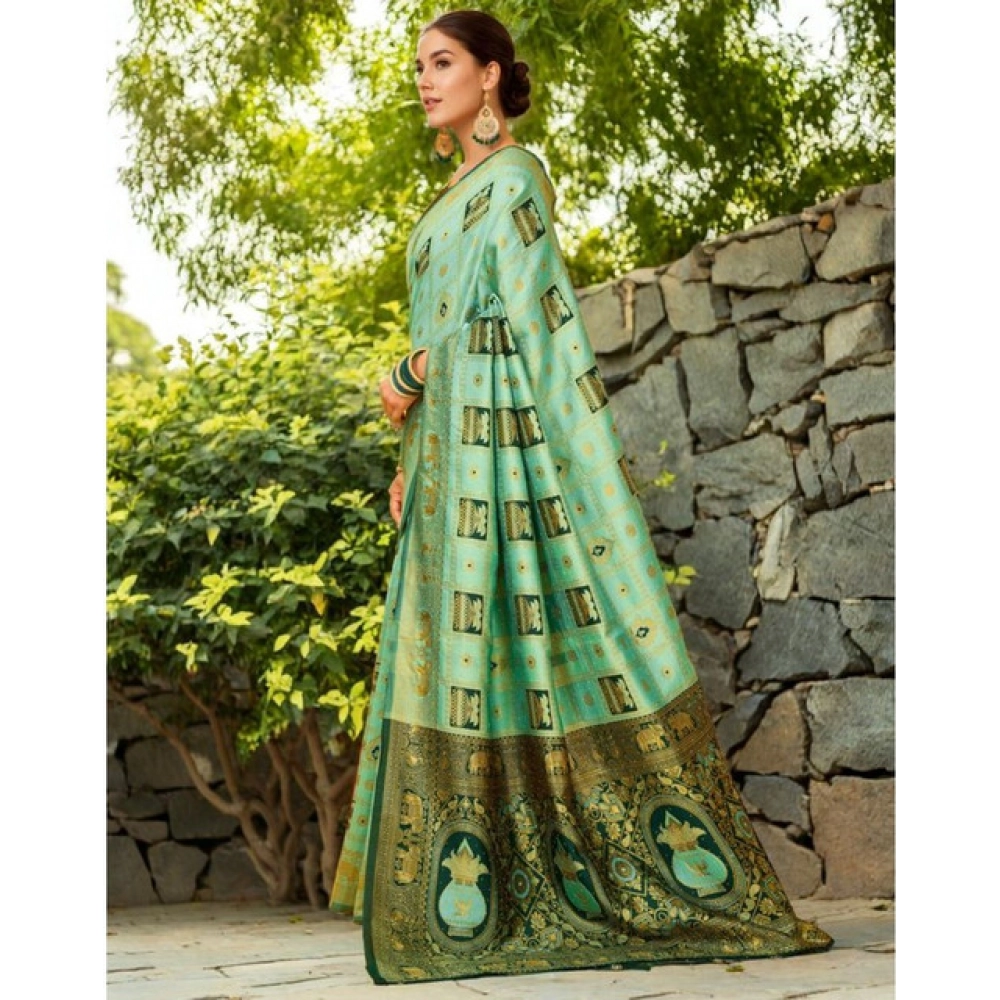 generic women's silk blend woven zari work saree with unstitched blouse 5.5mtr (mint green) generic women's silk blend woven zari work saree with unstitched blouse 5.5mtr (mint green)
