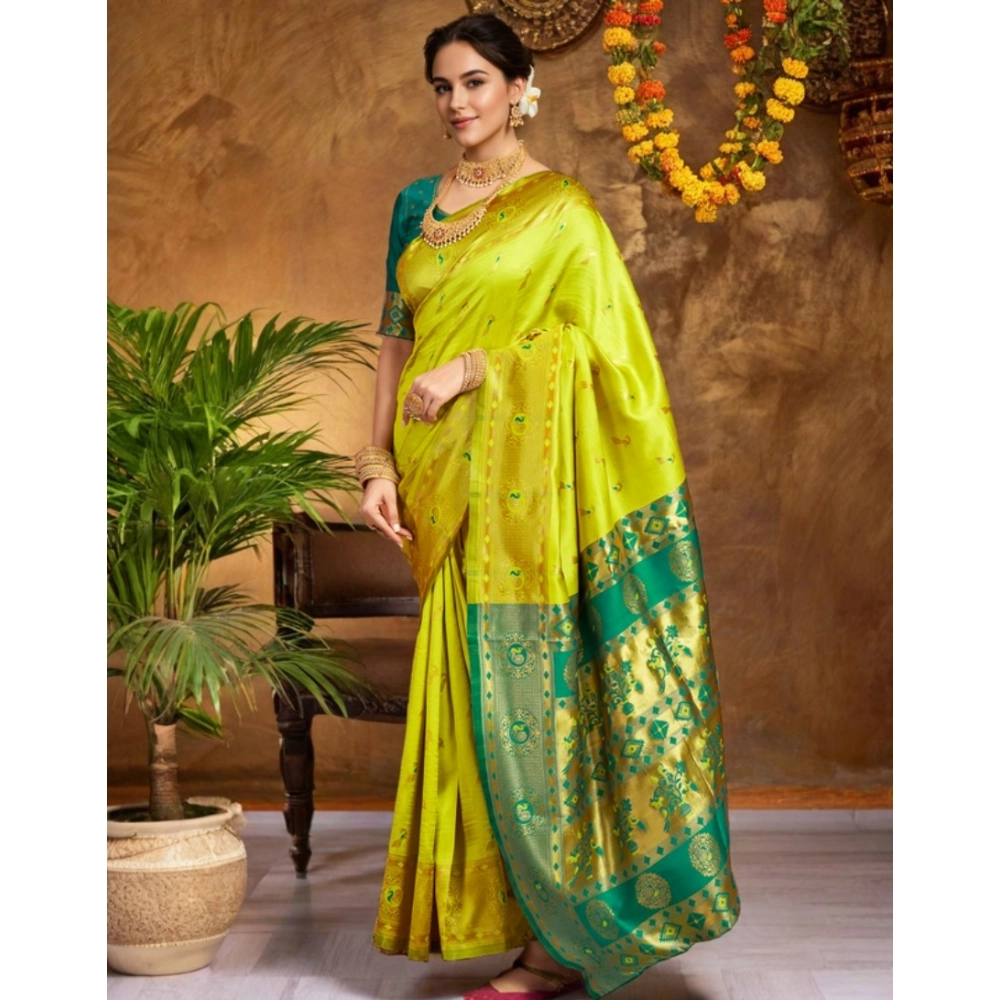generic women's silk blend zari weaving saree with unstitched blouse 5.5mtr (lime green) generic women's silk blend zari weaving saree with unstitched blouse 5.5mtr (lime green)