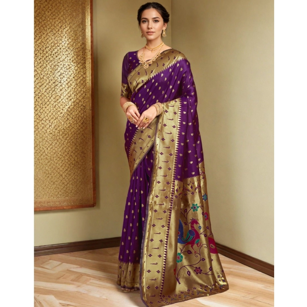 generic women's silk blend zari weaving saree with unstitched blouse 5.5mtr (purple) generic women's silk blend zari weaving saree with unstitched blouse 5.5mtr (purple)