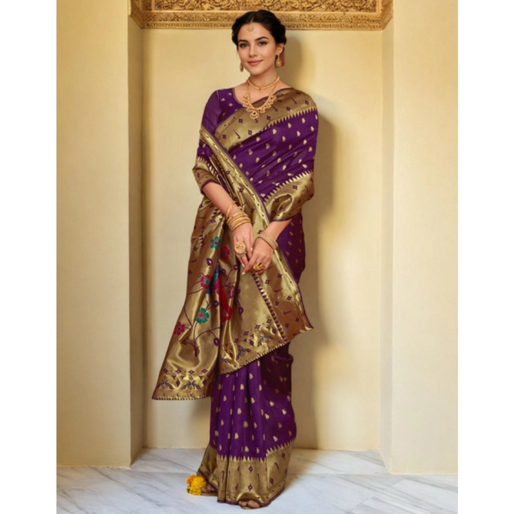 generic women's silk blend zari weaving saree with unstitched blouse 5.5mtr (purple) generic women's silk blend zari weaving saree with unstitched blouse 5.5mtr (purple)