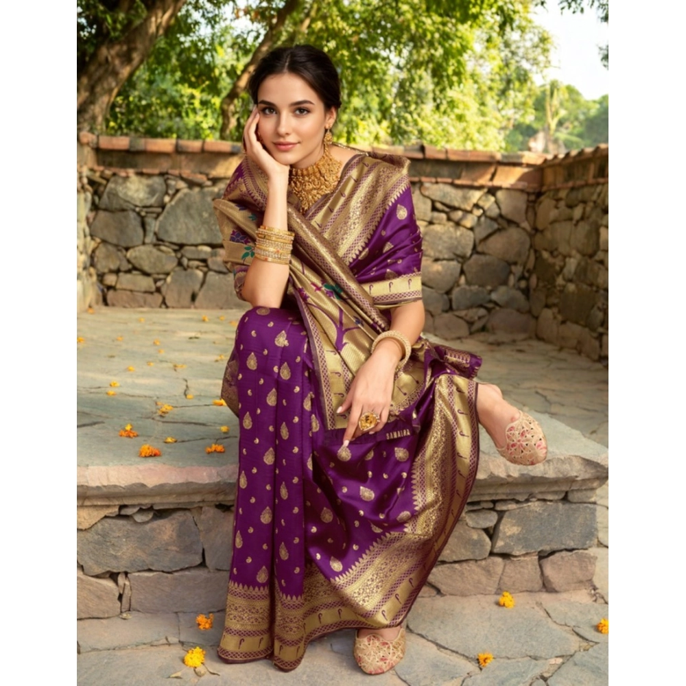 generic women's silk blend zari weaving saree with unstitched blouse 5.5mtr (purple) generic women's silk blend zari weaving saree with unstitched blouse 5.5mtr (purple)