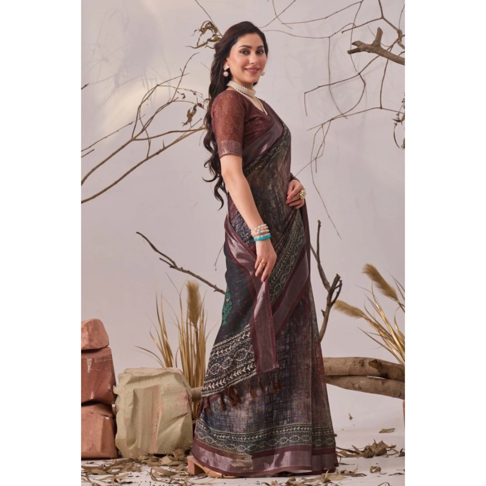 generic women's faux linen printed saree with unstitched blouse 5.5mtr (brown) generic women's faux linen printed saree with unstitched blouse 5.5mtr (brown)