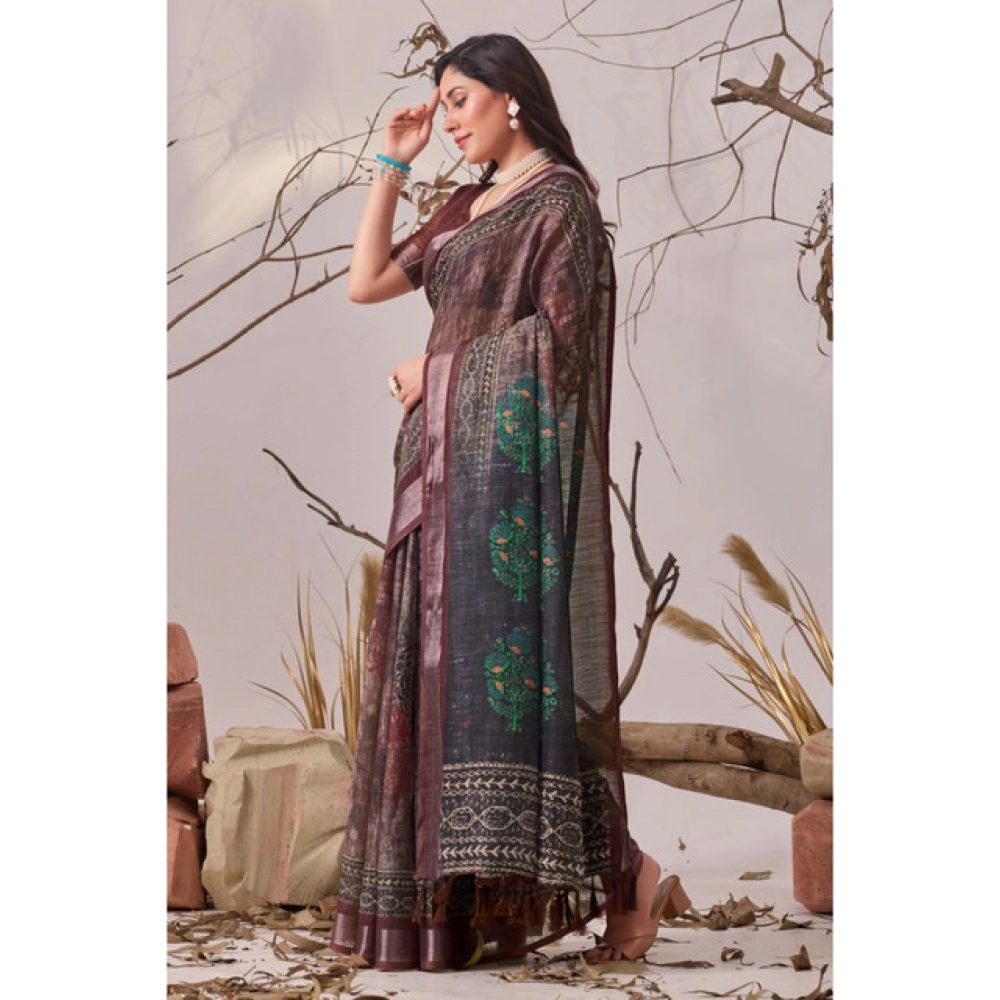 generic women's faux linen printed saree with unstitched blouse 5.5mtr (brown) generic women's faux linen printed saree with unstitched blouse 5.5mtr (brown)
