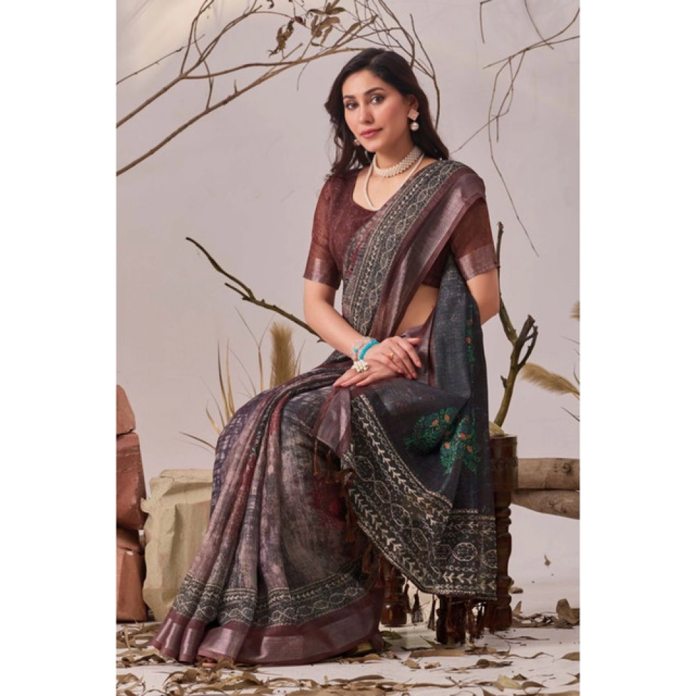 generic women's faux linen printed saree with unstitched blouse 5.5mtr (brown) generic women's faux linen printed saree with unstitched blouse 5.5mtr (brown)