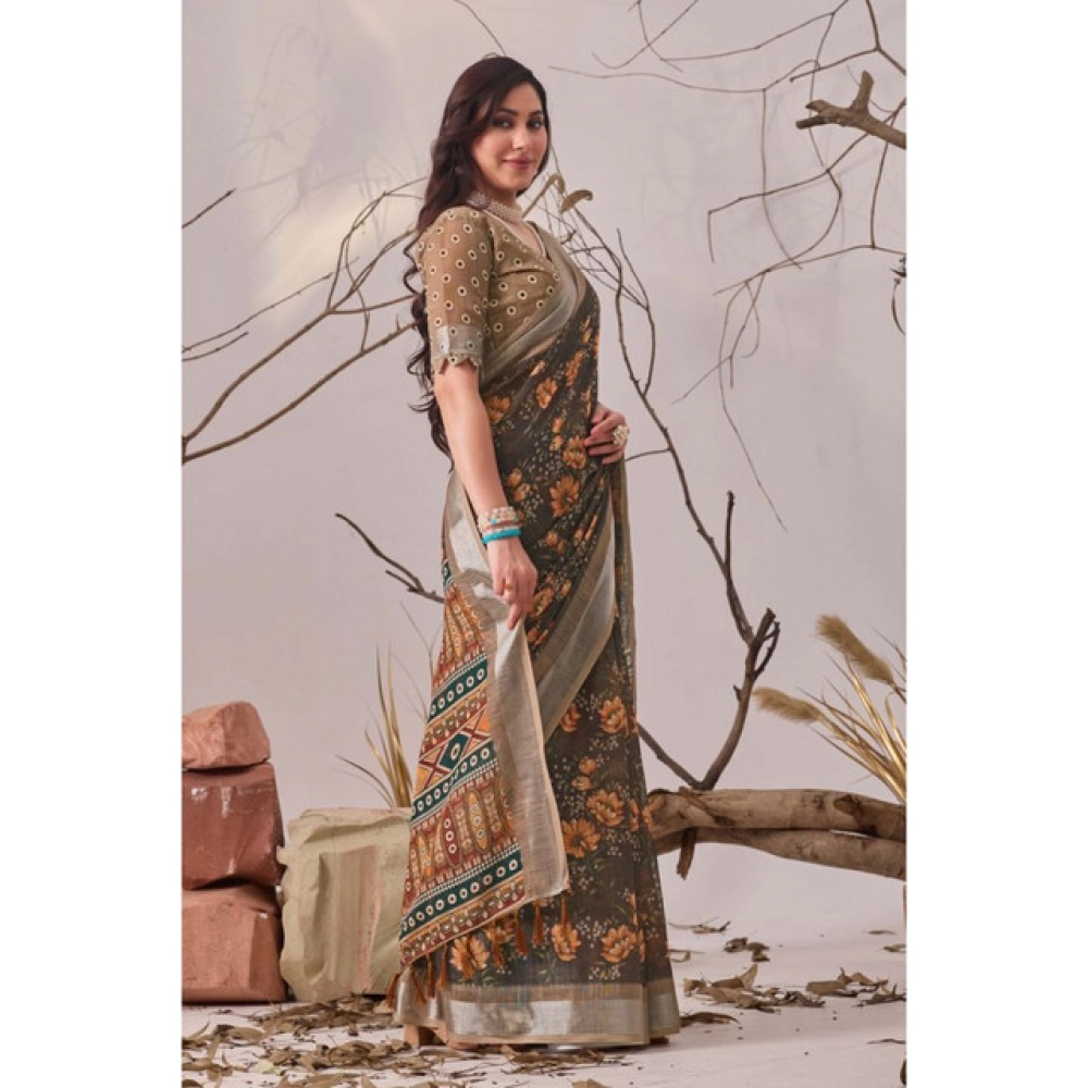 generic women's faux linen printed saree with unstitched blouse 5.5mtr (slate grey) generic women's faux linen printed saree with unstitched blouse 5.5mtr (slate grey)