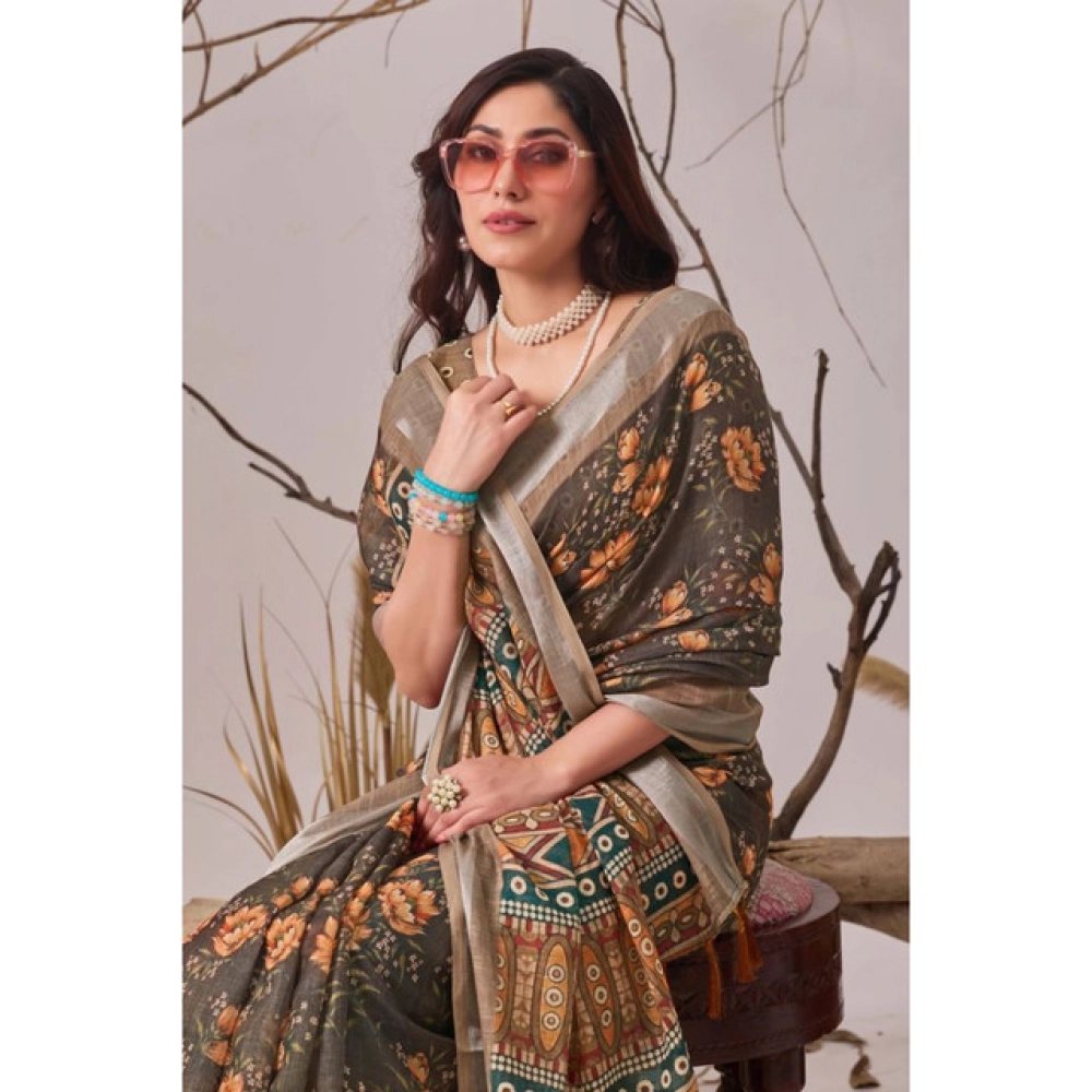 generic women's faux linen printed saree with unstitched blouse 5.5mtr (slate grey) generic women's faux linen printed saree with unstitched blouse 5.5mtr (slate grey)