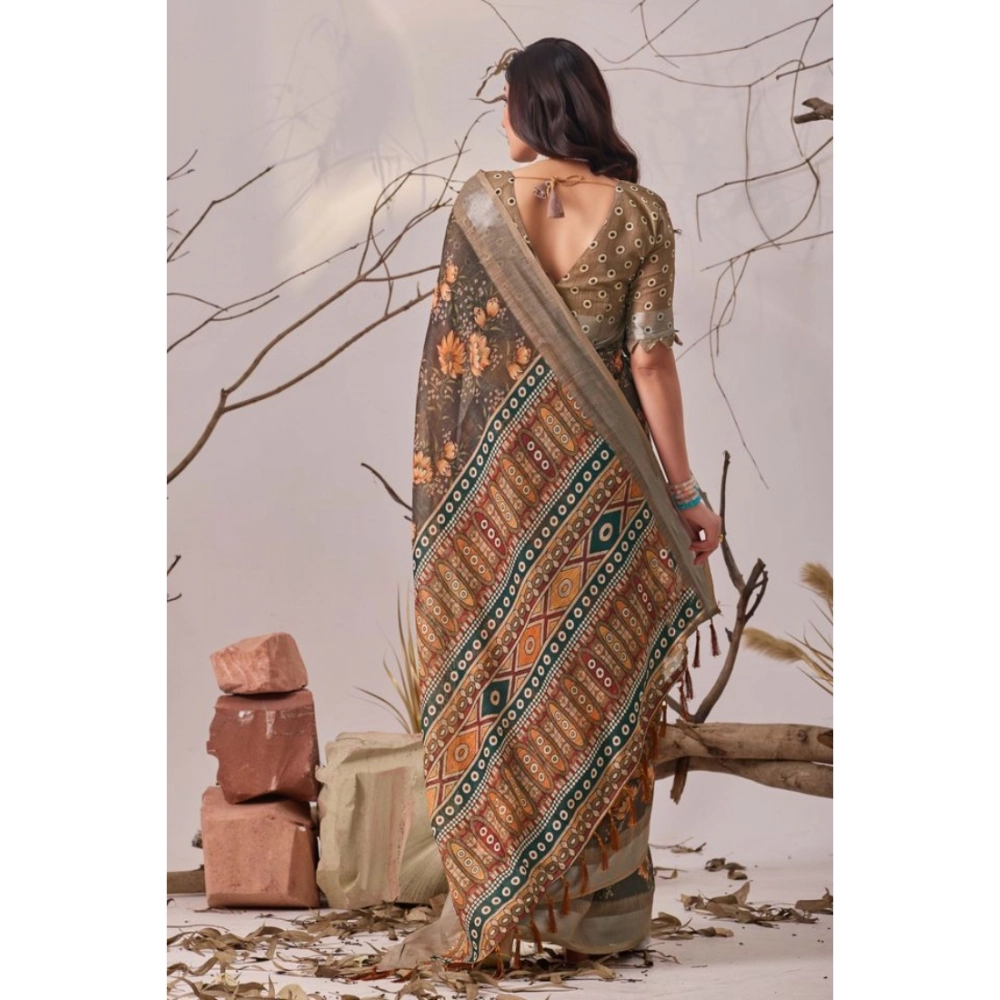 generic women's faux linen printed saree with unstitched blouse 5.5mtr (slate grey) generic women's faux linen printed saree with unstitched blouse 5.5mtr (slate grey)