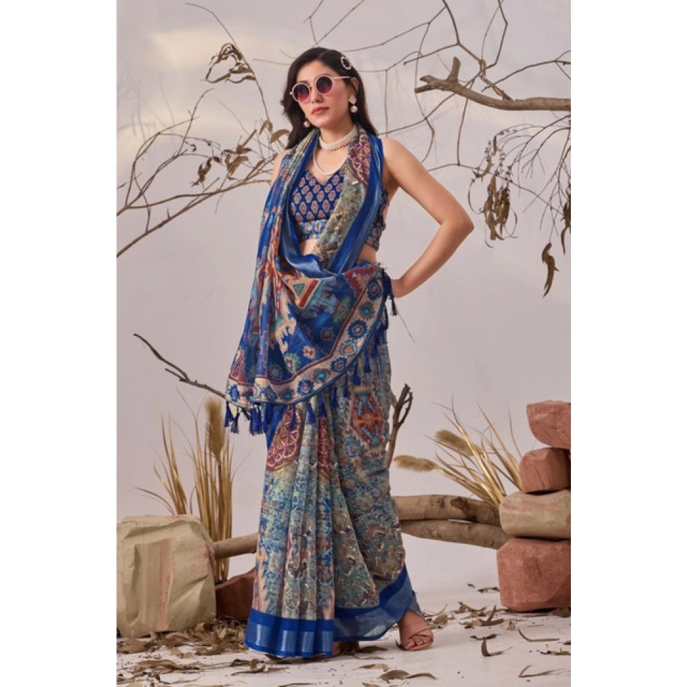 generic women's faux linen printed saree with unstitched blouse 5.5mtr (navy blue) generic women's faux linen printed saree with unstitched blouse 5.5mtr (navy blue)