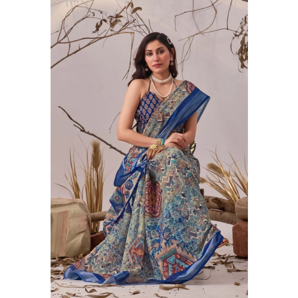generic women's faux linen printed saree with unstitched blouse 5.5mtr (navy blue) generic women's faux linen printed saree with unstitched blouse 5.5mtr (navy blue)