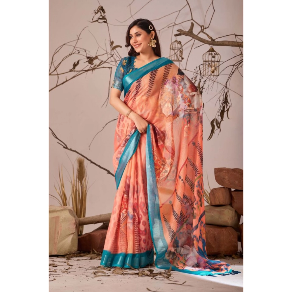 generic women's faux linen printed saree with unstitched blouse 5.5mtr (peach) generic women's faux linen printed saree with unstitched blouse 5.5mtr (peach)