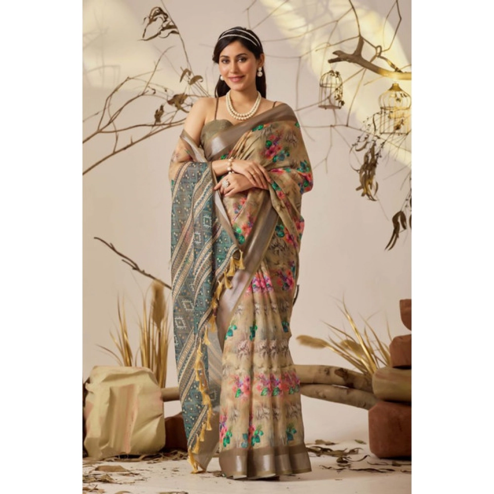 generic women's faux linen printed saree with unstitched blouse 5.5mtr (beige) generic women's faux linen printed saree with unstitched blouse 5.5mtr (beige)