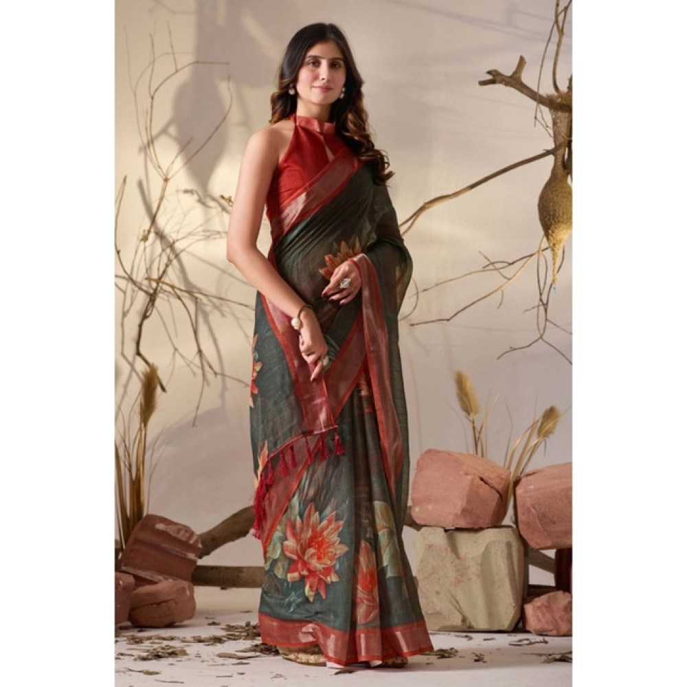 generic women's faux linen printed saree with unstitched blouse 5.5mtr (dark green) generic women's faux linen printed saree with unstitched blouse 5.5mtr (dark green)
