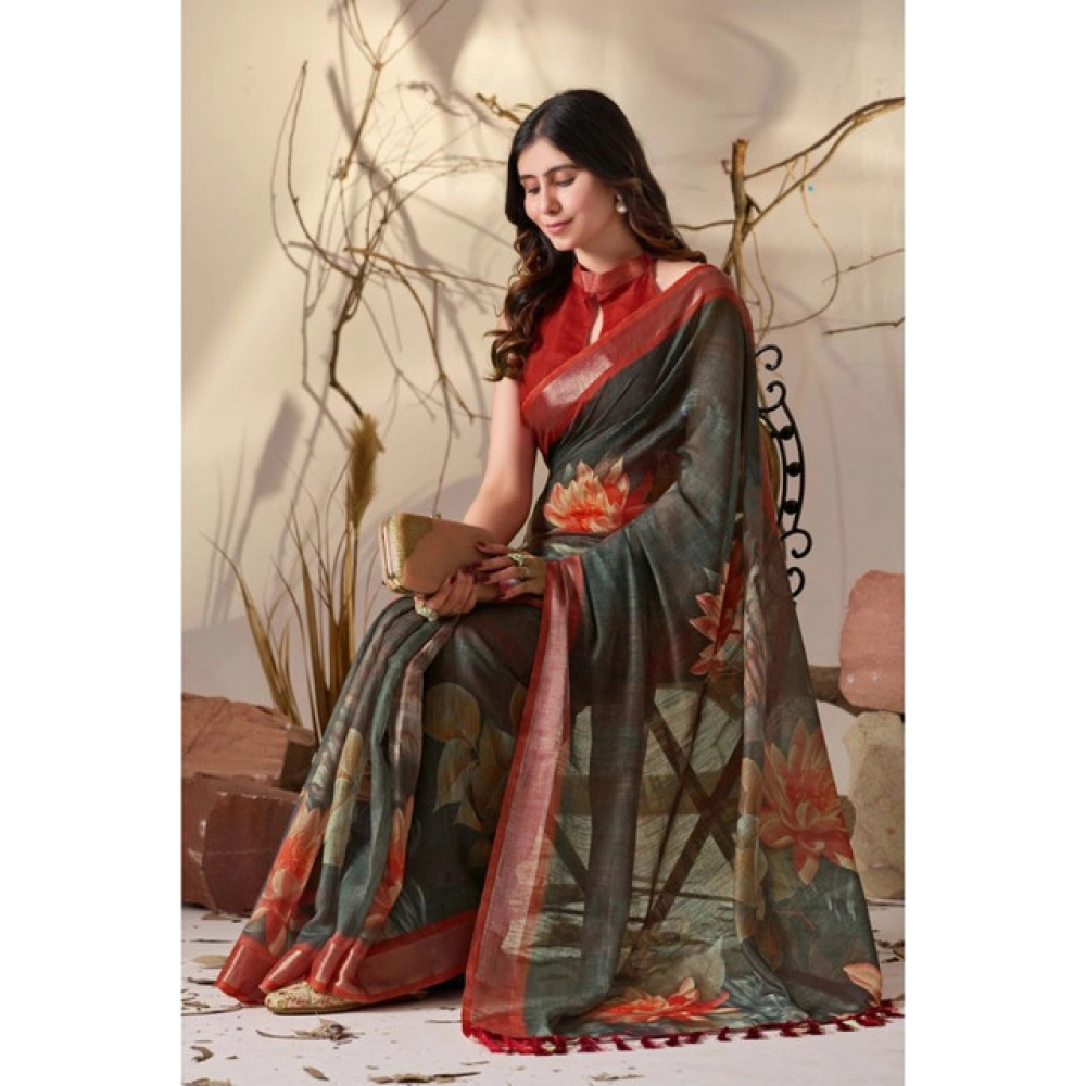 generic women's faux linen printed saree with unstitched blouse 5.5mtr (dark green) generic women's faux linen printed saree with unstitched blouse 5.5mtr (dark green)