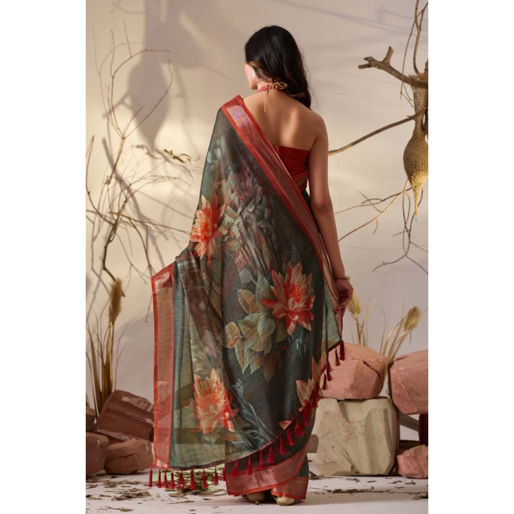 generic women's faux linen printed saree with unstitched blouse 5.5mtr (dark green) generic women's faux linen printed saree with unstitched blouse 5.5mtr (dark green)