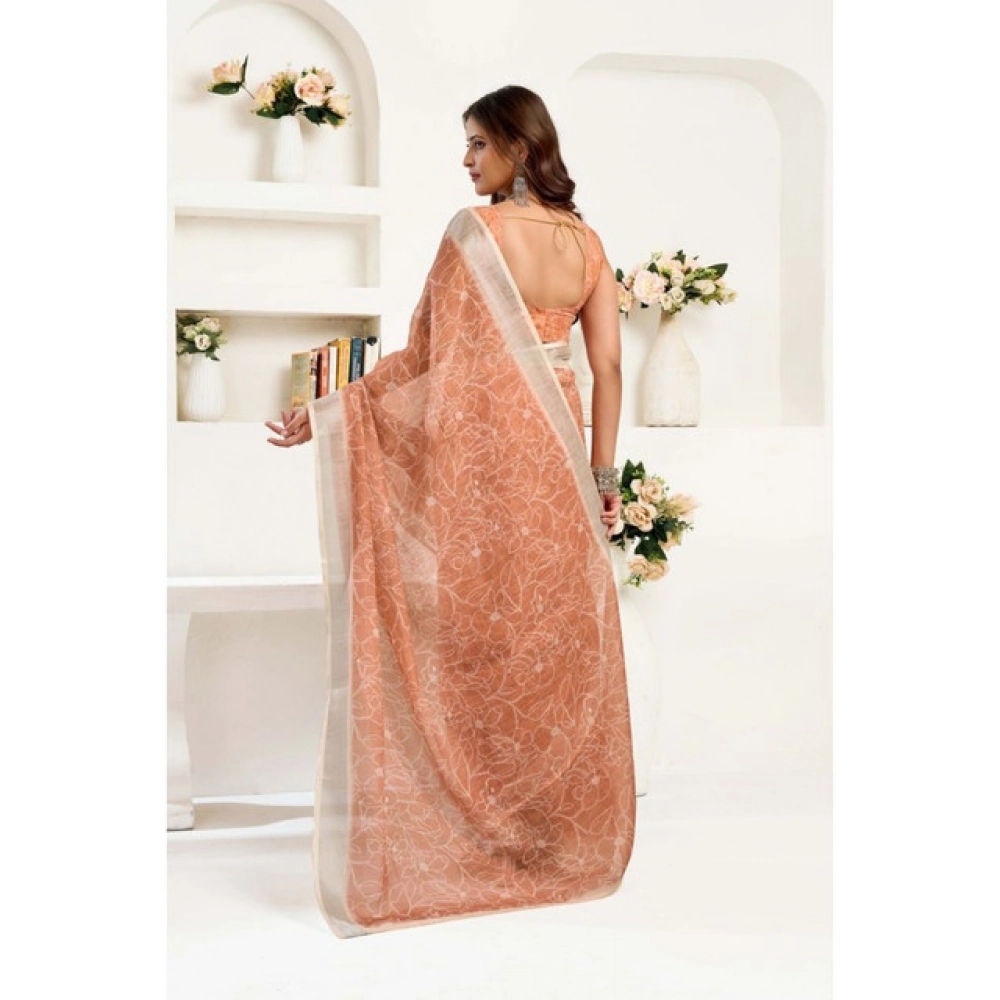 generic women's linen cotton printed ready to wear saree with unstitched blouse 5.5 mtr (peach) generic women's linen cotton printed ready to wear saree with unstitched blouse 5.5 mtr (peach)